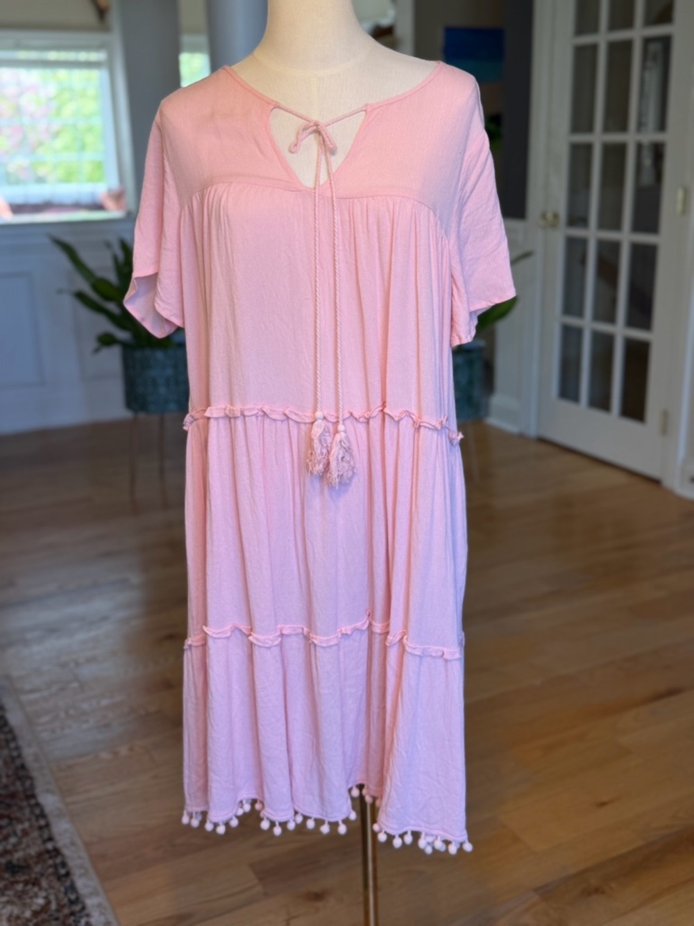Emery Rose Boho Pink Tassel Tiered Dress Pom Pom Hem Medium (VGUC) - Picture 3 of 16